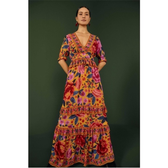 Farm Rio Floral Dream Maxi Dress Floral Dream Yellow Medium NWT - Picture 1 of 4